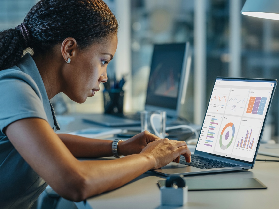 Professional working on data visualization and Power BI analytics on a computer